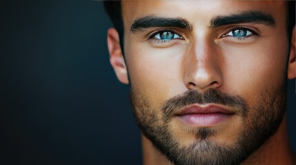 Obraz premium Handsome man's face with chiseled features, light stubble, and a calm, composed expression