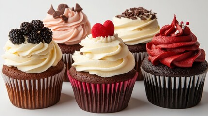  individual-sized cakes topped with frosting and decorations, set against a plain background.