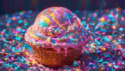 A colorful ice cream cone with rainbow sprinkles on top