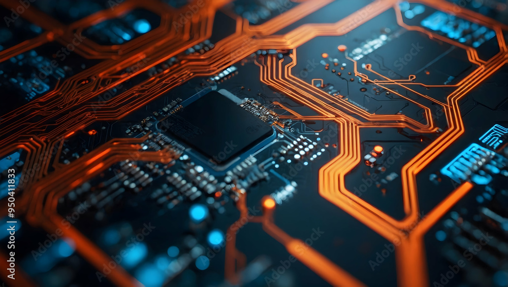 Poster glowing circuitry: a high-tech cpu pulsates with energy, illuminating the intricate network of a mot