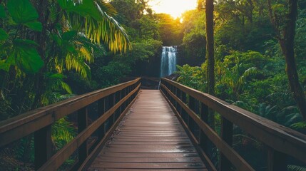 Wooden Bridge Leading to Waterfall