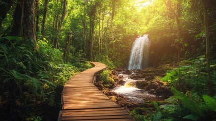 Wooden Pathway to a Waterfall in a Lush Forest