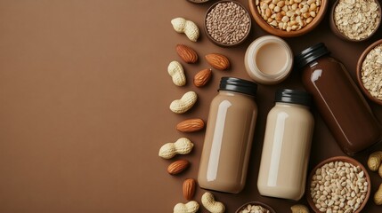 Various Nut Milk Bottles With Nuts and Seeds