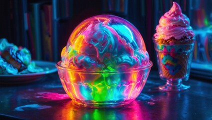 A bowl of colorful ice cream is on a table next to a glass of ice cream
