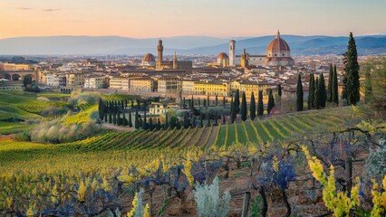 Obraz premium A sweeping panoramic view of Florence from hilltops of Fiesole, rolling vineyards and olive groves cascade below, to iconic skyline with Duomo, Palazzo Vecchio.jpeg