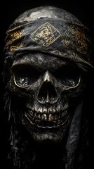 Close-up of a Human Skull Wearing a Black Bandana with Gold Designs