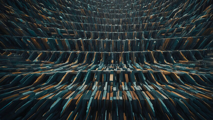 Fototapeta premium Abstract Glitch: A mesmerizing, abstract digital art piece features a chaotic arrangement of vibrant teal and orange blocks, creating a sense of depth and movement. The composition evokes a glitch in 