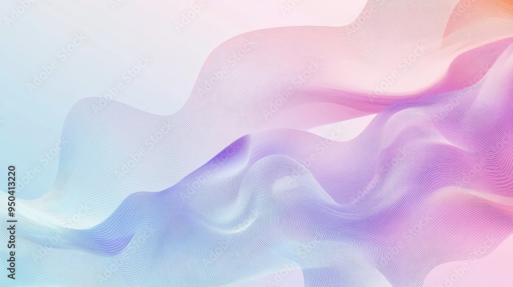 Poster minimalistic vector background with flowing wavy lines in pastel colors, creating a sense of movemen