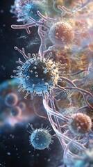 Fototapeta premium Microbial Life Forms: Microscopic view of microbial life forms interacting, with DNA-like structures visible in the background. 
