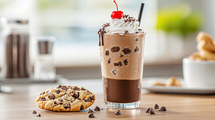 Decadent Chocolate Indulgence, a towering milkshake with rich whipped cream, drizzled chocolate syrup, a cherry on top, paired with a warm, gooey chocolate chip cookie.