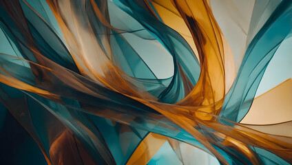 Obraz premium Ethereal Fabric Flow: Teal and gold fabric dance in an abstract symphony of light and texture, inviting viewers to explore the beauty of movement and form. 