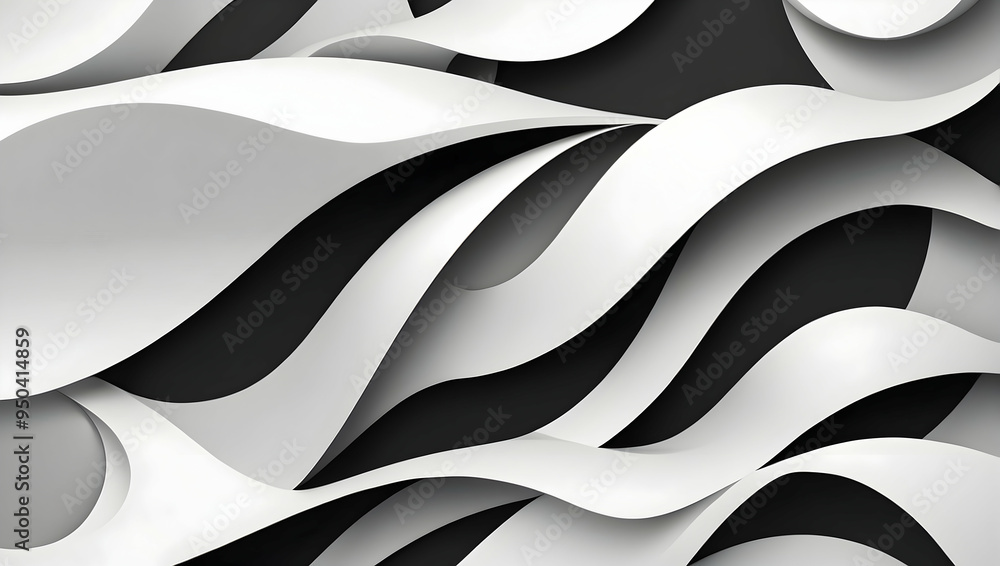 Poster monochrome waves: a mesmerizing dance of black and white curves, creating an abstract and elegant de