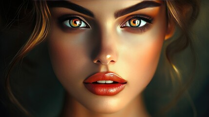 Portrait of a stunning woman with luminous skin, elegant features, and deep, expressive eyes