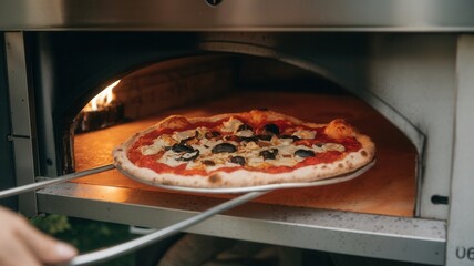A person is taking a pizza out of a pizza oven