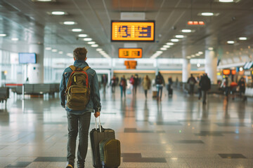 Obraz premium traveling by airplane, man walking with backpack and suitcase at airport
