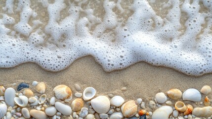 Serene beach scene with gentle waves washing over smooth pebbles and shells on the shore
