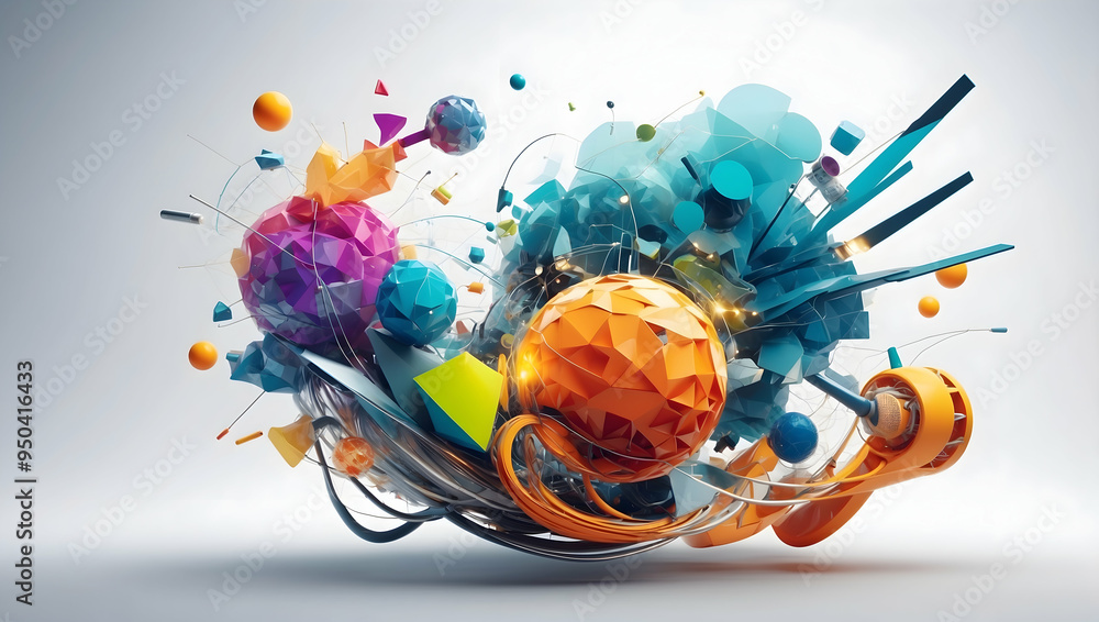 Poster global innovation explosion: a vibrant, abstract 3d rendering of earth erupting with colorful shapes