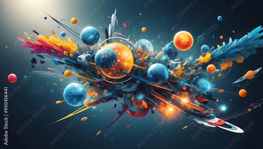 Poster global innovation explosion: a vibrant, abstract 3d rendering of earth erupting with colorful shapes