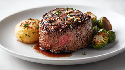 Savory sirloin steak with garlic butter, accompanied by a loaded baked potato and roasted Brussels sprouts, elegantly drizzled with balsamic glaze for added flavor.