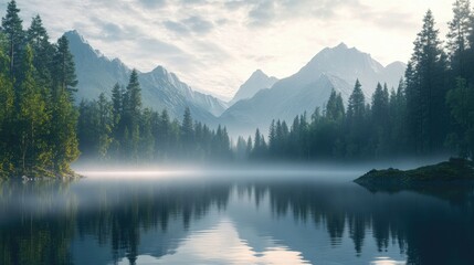 Serene morning mist over a calm lake surrounded by dense forest and tall mountains