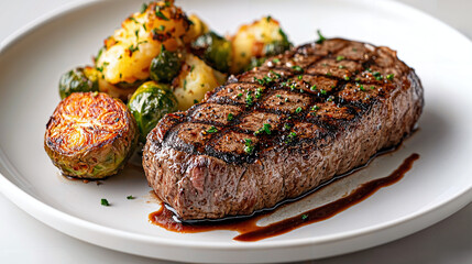 Savory sirloin steak with garlic butter, paired with a loaded baked potato and roasted Brussels sprouts, enhanced by a drizzle of balsamic glaze for a delightful meal.