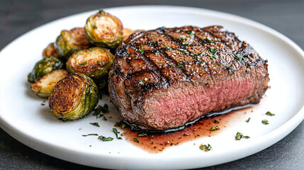 Gourmet Sirloin Steak with Garlic Butter, Loaded Baked Potato, Roasted Brussels Sprouts, Balsamic Glaze Drizzle, Savory Flavors for a Delightful Meal Experience