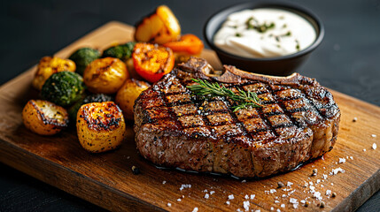 Charred T-Bone Steak with Roasted Fingerling Potatoes and Grilled Vegetables topped with Herb Butter, a hearty meal celebrating rich flavors and satisfying textures.