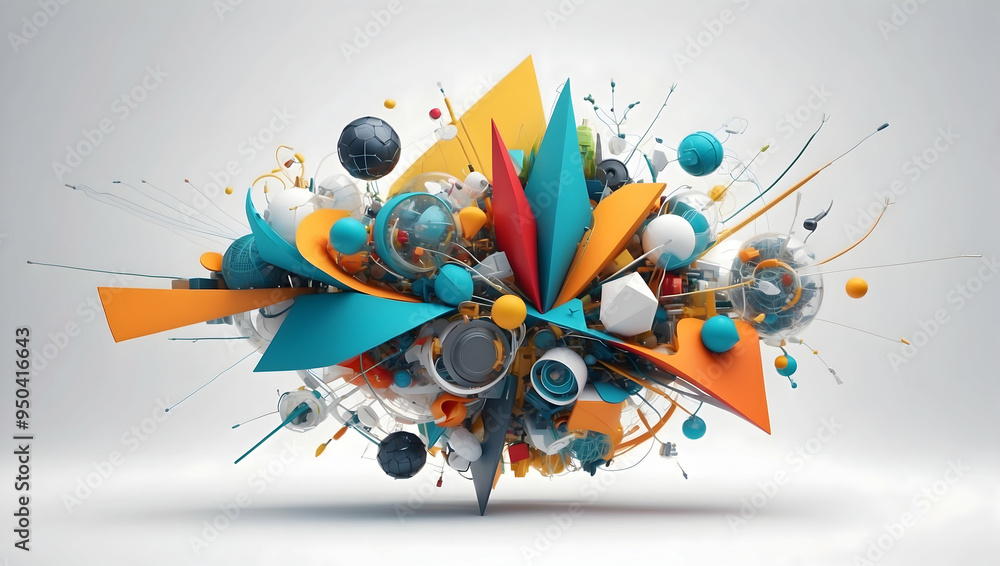 Poster global innovation explosion: a vibrant, abstract 3d rendering of earth erupting with colorful shapes