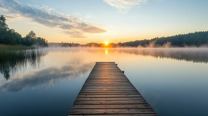 Fototapeta premium Serene scene of a wooden dock extending into a calm lake with mist rising from the water at sunrise
