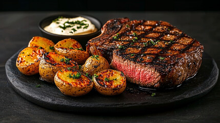 Sizzling T-Bone Steak with Roasted Fingerling Potatoes and Grilled Vegetables, topped with Herb Butter for a savory and satisfying dining experience.