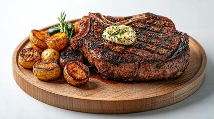 Savory T-bone steak, perfectly charred, paired with roasted fingerling potatoes, grilled vegetables, topped with a rich dollop of herb butter for a delightful dining experience.