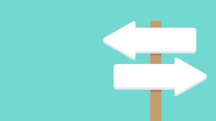 A blank wooden signpost with two white arrows pointing in opposite directions against a green background. 