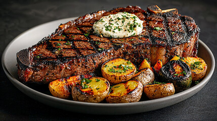 Savory T-bone steak with charred edges, complemented by roasted fingerling potatoes, grilled vegetables, finished with a rich herb butter dollop.
