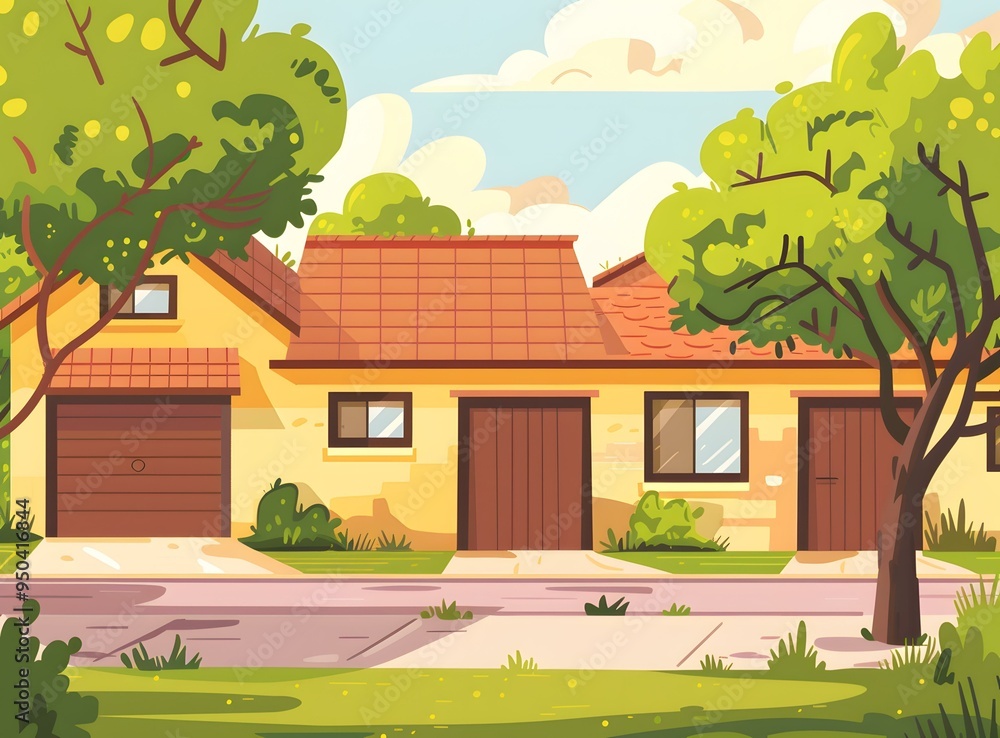 Canvas Prints Cartoon Illustration of a Yellow House with a Garage and Green Trees