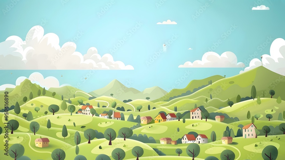 Canvas Prints Green Hills With Houses Illustration