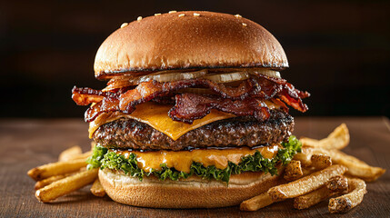 Ultimate burger delight, towering layers of crispy bacon, melted cheddar, caramelized onions, paired with a side of golden, crunchy fries for a satisfying meal experience