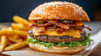 Gourmet Bacon Cheeseburger Delight, towering layers of crispy bacon, melted cheddar, caramelized onions, accompanied by golden, crunchy fries for a satisfying meal.