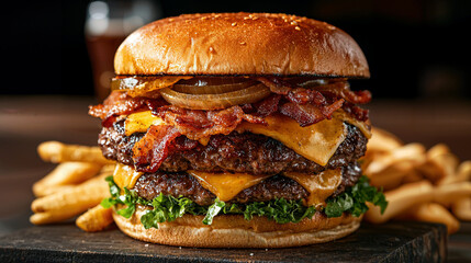 Ultimate Bacon Cheeseburger Feast, a towering burger layered with crispy bacon, melted cheddar, and caramelized onions, accompanied by a side of golden, crunchy fries.