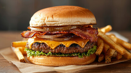 Hearty cheeseburger delight, towering layers of crispy bacon, melted cheddar, and sweet caramelized onions, accompanied by a generous serving of golden, crunchy fries