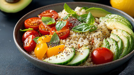 Colorful quinoa salad featuring creamy avocado, juicy cherry tomatoes, refreshing cucumber, topped with chia seeds and zesty lemon vinaigrette for a nutritious meal.