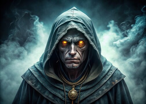 Ominous, glowing eyes peer out from the darkness of a hooded figure, shrouded in mist and mystery, evoking ancient Native American folklore and terror.