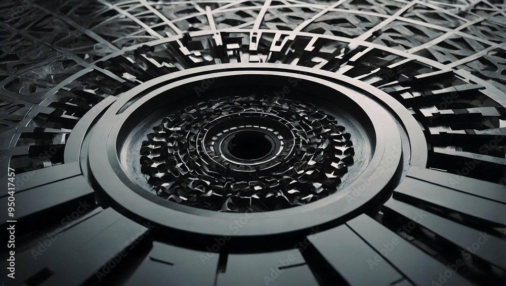 Poster cybernetic abyss: a mesmerizing 3d render of an intricate, metallic structure, drawing the viewer in