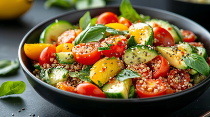 Vibrant quinoa salad with fresh avocado, cherry tomatoes, crisp cucumber, garnished with chia seeds and lemon vinaigrette, a healthy and colorful dish for any meal.