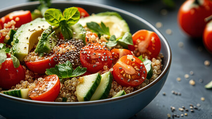 Vibrant quinoa salad with fresh avocado slices, cherry tomatoes, crisp cucumber, chia seeds, and a zesty lemon vinaigrette for a refreshing and nutritious meal.