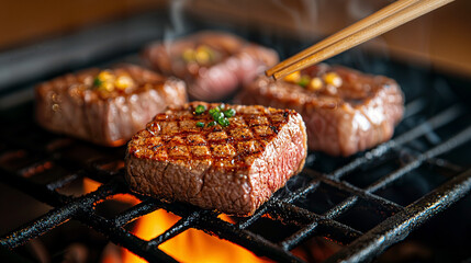 Gastronomic Pleasure, a luscious slice of steak cooked over an open flame, embodying the luxury and flavor of gourmet cuisine.