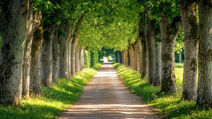 Obraz premium A row of green trees lining a path, creating a natural tunnel