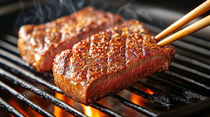 Exquisite Bites, a perfectly marbled steak, cooked to perfection, a feast for the senses in both flavor and presentation.