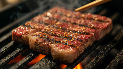 Flame-Kissed Elegance, a marbled steak seared over open flames, embodying the art of grilling and the luxury of gourmet cuisine.