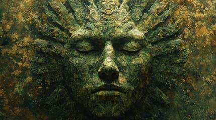 An ethereal depiction of an ancient face surrounded by intricate patterns, evoking a sense of mystery and lost civilization