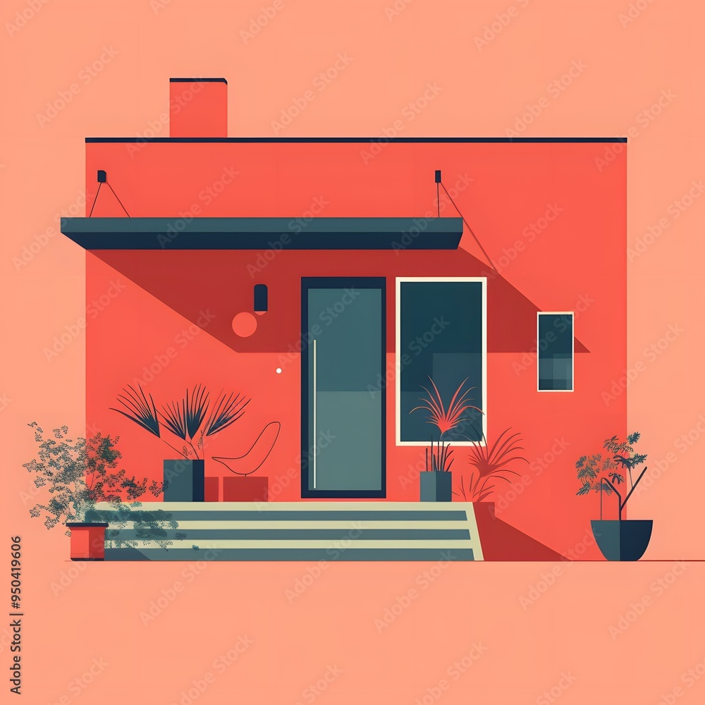 Poster modern minimalist house with red walls and green plants